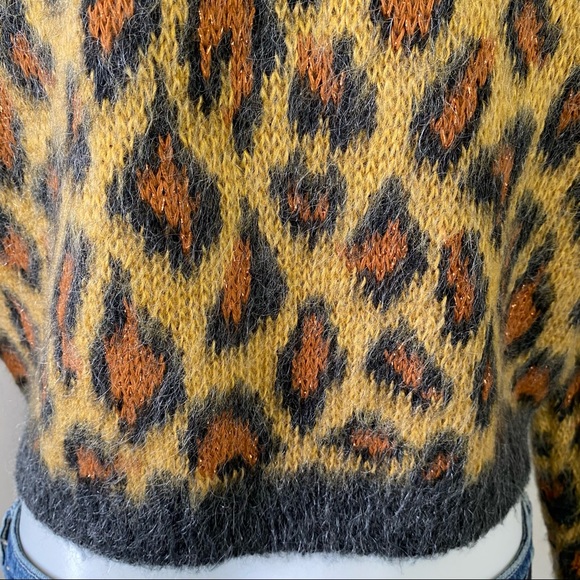 Anthro Button Front Cheetah Print Sweater with Metallic Shimmer Crop Cardigan M - Picture 7 of 12